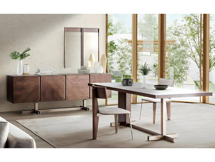 JVmoebel Essgruppe Brauner Esstisch mit stilvollen Stühlen aus Holzfurnier und Edelstahl, (3-tlg), Made in Europa