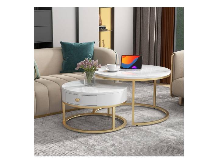 Fine Life Pro Couchtisch 2er-Set Nested-Couchtische, Hochglanz-Marmoroptik, rund, modern, Beistelltische im Nesting-Design, platzsparend & stilvoll
