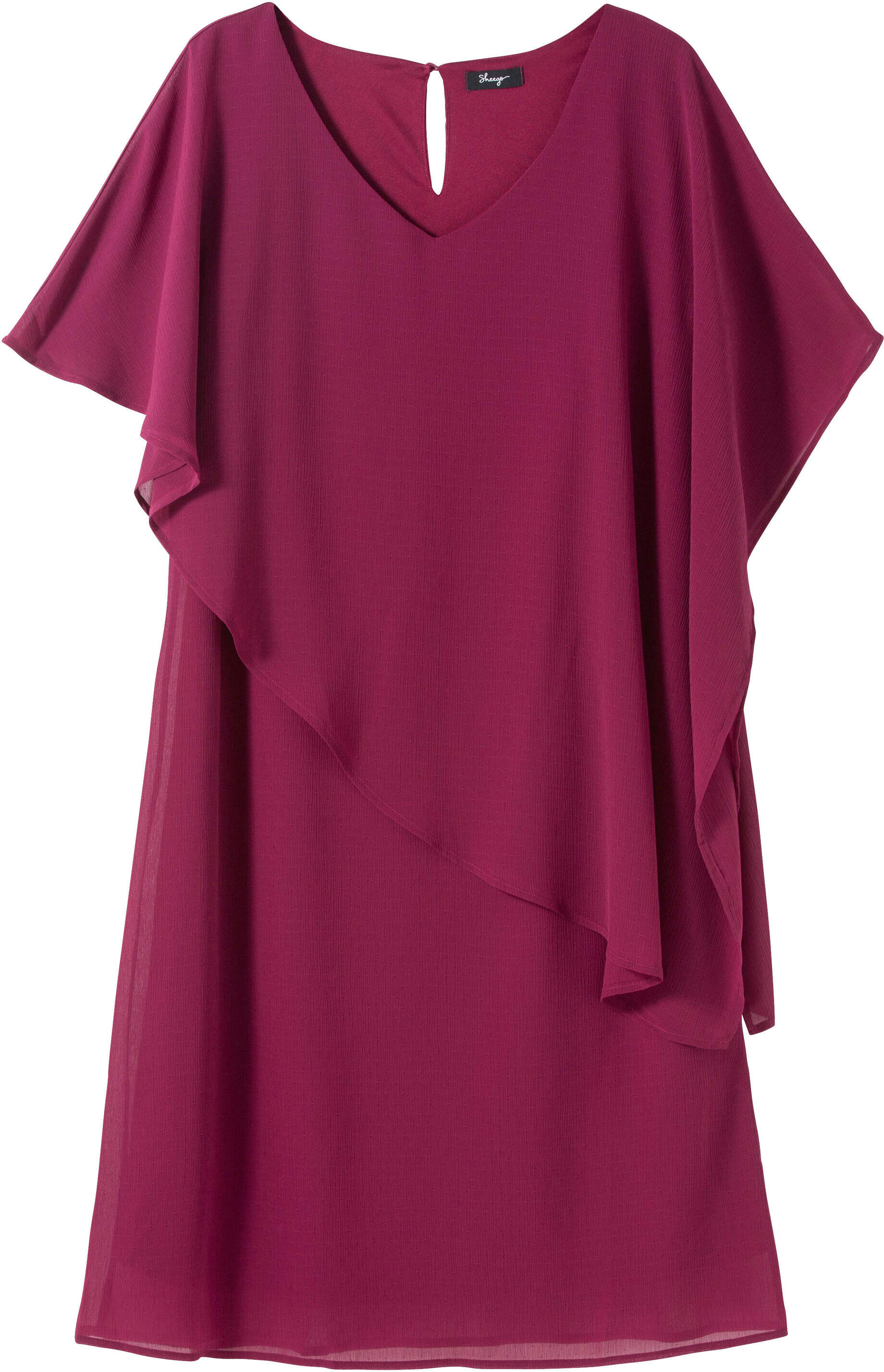 Cocktailkleid SHEEGO "Cocktailkleid Cocktailkleid aus Chiffon", Damen, Gr. 48, himbeere, Elegant, V-Ausschnitt, Kleider Cocktailkleid, mit asymetrischem Cape