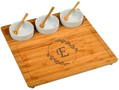 Picnic at Ascot Personalized Bamboo Cheese, Charcuterie Board with Ceramic Ramekins