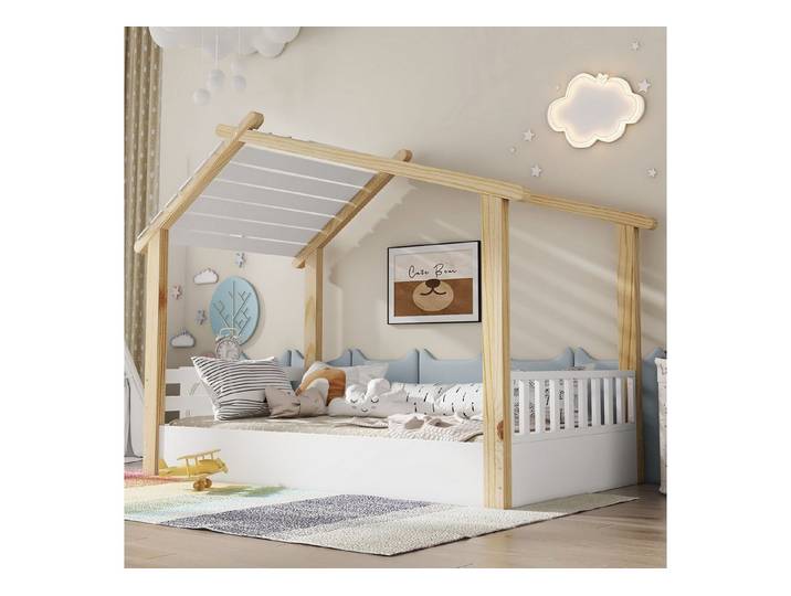 Merax Kinderbett 90x200cm im Holzhausdesign (1-tlg), Kieferholz Hausbett mit stabilem Lattenrost & schlichtem Design