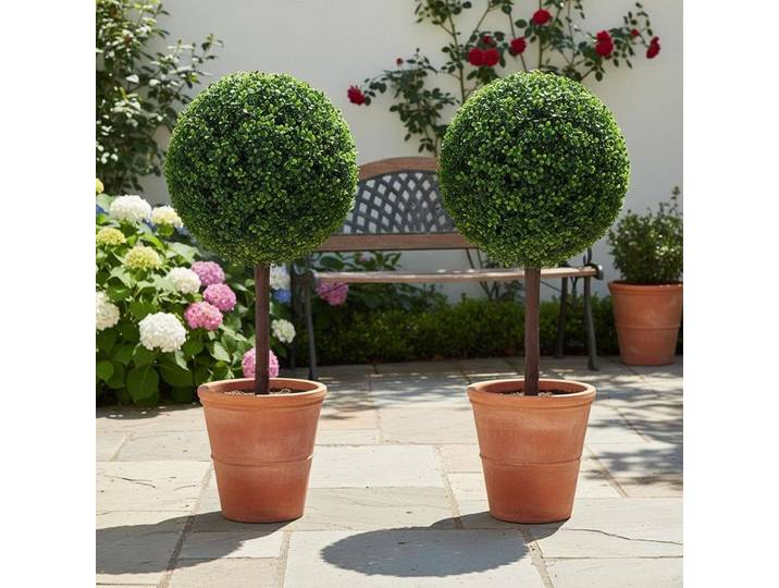 Buis Topiaire Artificiel 508 mm, Boule de Buis Artificiel d'Extérieur, 2 Plantes Artificielles en PE, 10 Feuilles Remplaçables, 2 Lumières LED pour Décoration Intérieure, Jardin, Terrasse, Balcon,