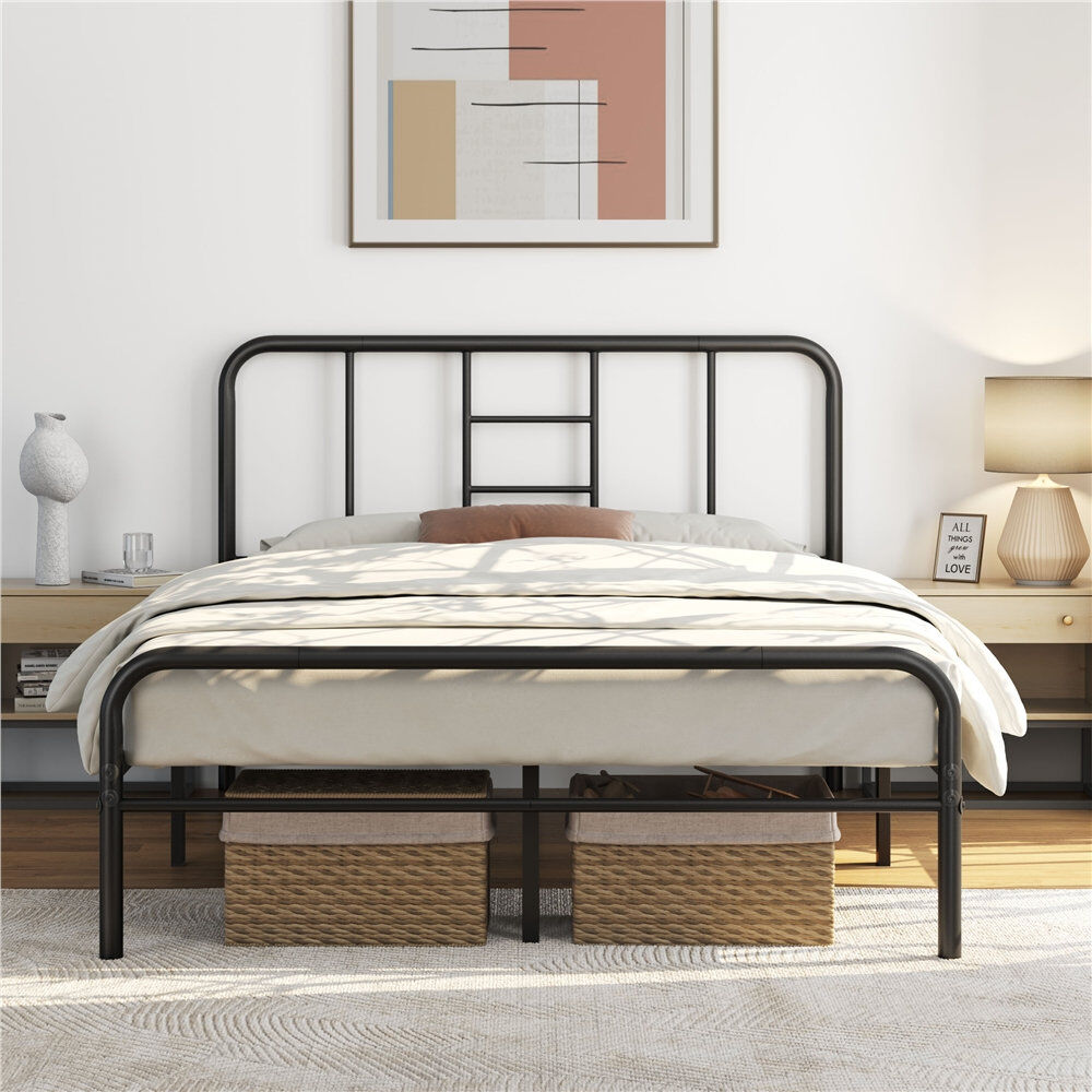 Yaheetech Metal-Framed Bed with High Headboard Black Double (4'6)