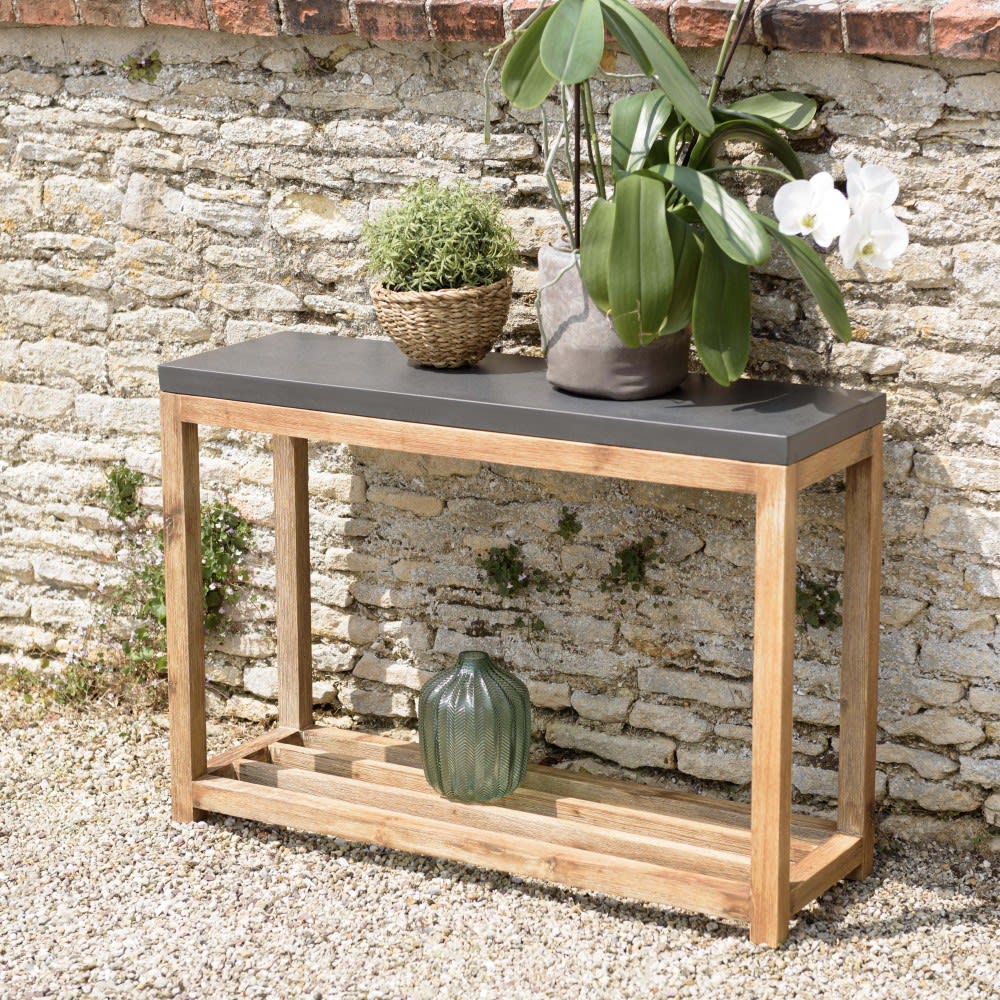 MACABANE Console rect. Pm double plateau effet béton foncé et acacia Gris 87x61x28cm