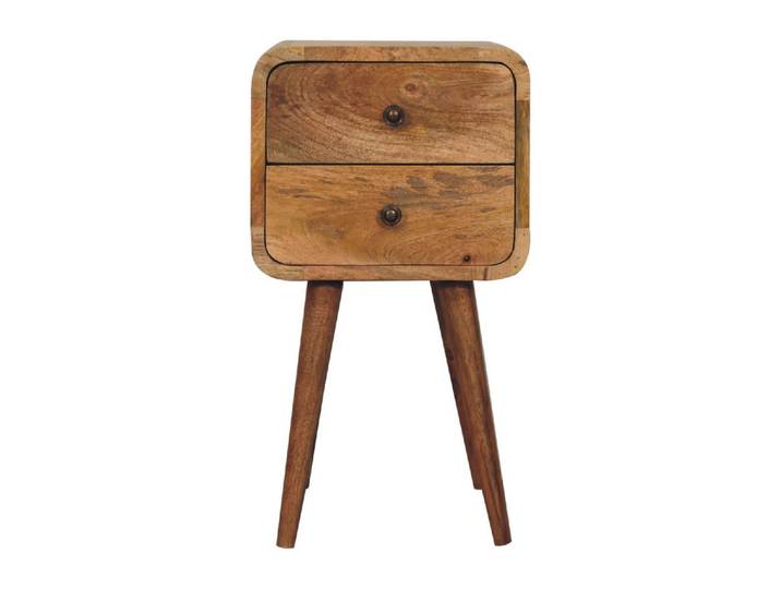 Artisan Furniture Nachttisch Massives Mangoholz Kleines, Gebogenes, Eichen-Finish, 2 Schublades, Beige, Braun, Holz, Echtholz,Mangoholz, Holz Optik, Quadratisch, 30x55x30 cm, Schlafzimmer, Nachtkästchen