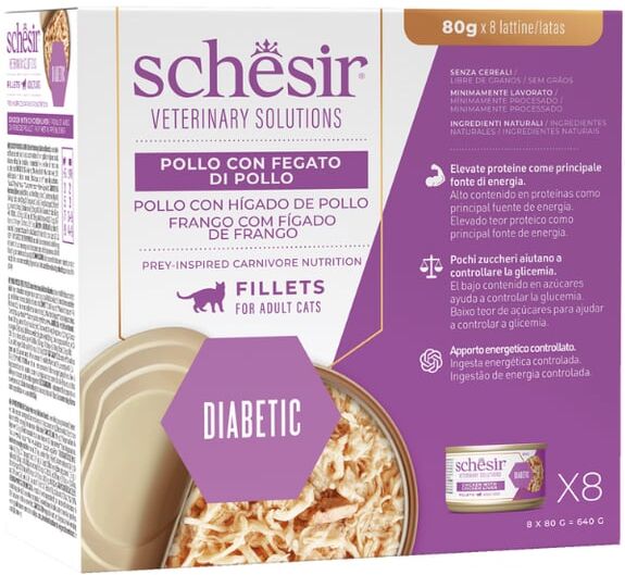 Schesir Cat Veterinary Diabetic Caldo de Pollo 8 uds x 80g