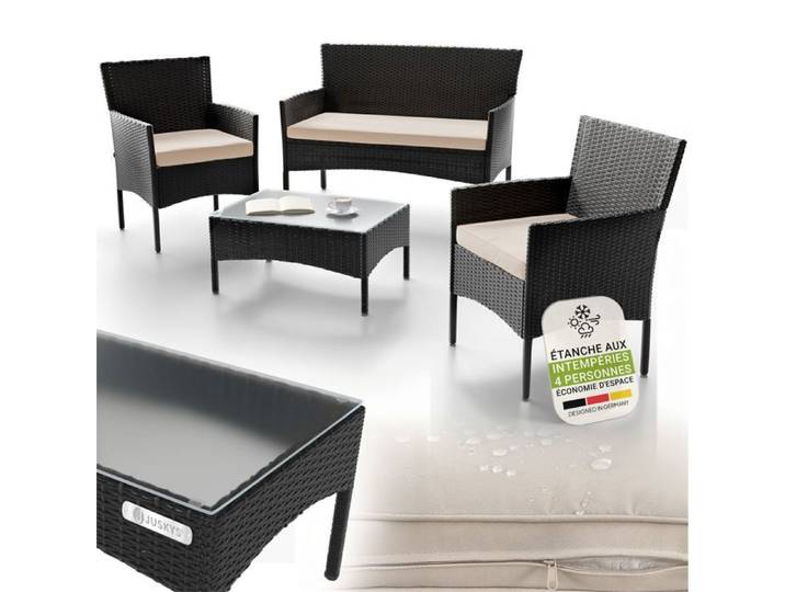 Salon de jardin en polyrotin - Juskys - Fort Myers - Rembourrage noir et crème - Canapé 2 places - 2 chaises - Table