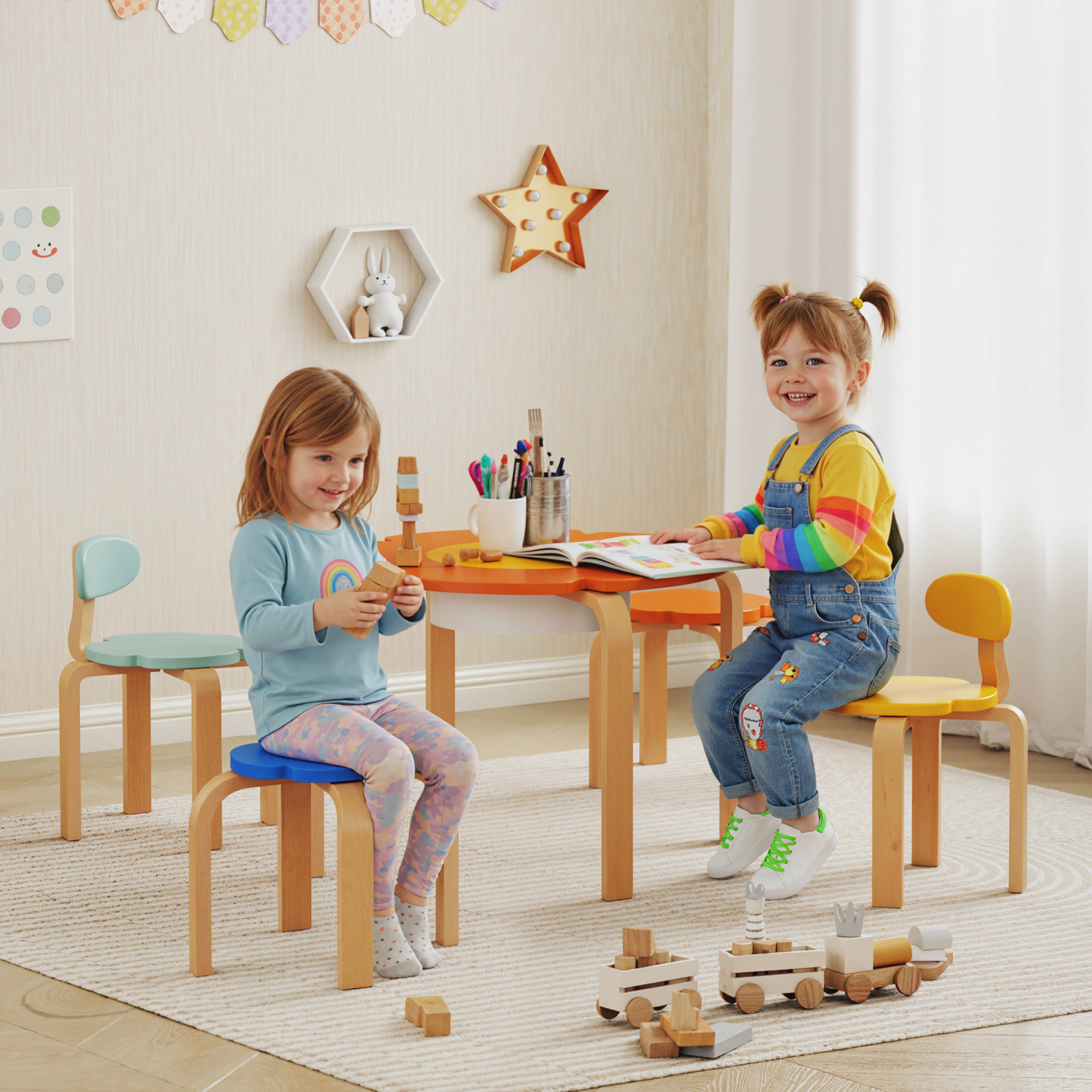 Aiyaplay Set tavolo e sedie per bambini da 5 pezzi, con tasca portaoggetti, forma a fiore, in legno, Multicolore   Aosom Italy