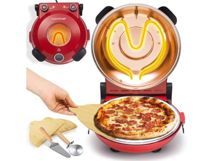 NutriChef Elektrischer Pizzaofen – Pizzastein Ø 30 cm mit Thermostat und Thermometer Erhitzt bis zu 425 °C schnelles Kochen Kochfenster leicht zu reinigen – Rot