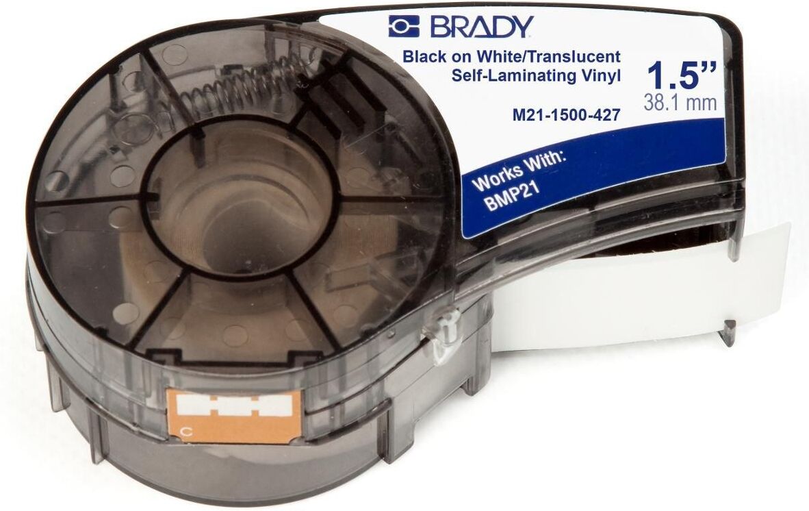 Brady M21-1500-427 Self-Laminating Vinyl Label Tape 38.10mm x 4.30m Black on White/Clear for M210/M211/BMP21-PLUS/BMP21-LAB/BMP21