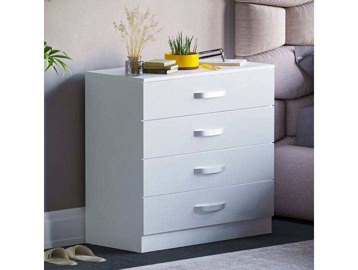 Commode Hulio blanche haute brillance avec 4 tiroirs – Meuble de chambre moderne