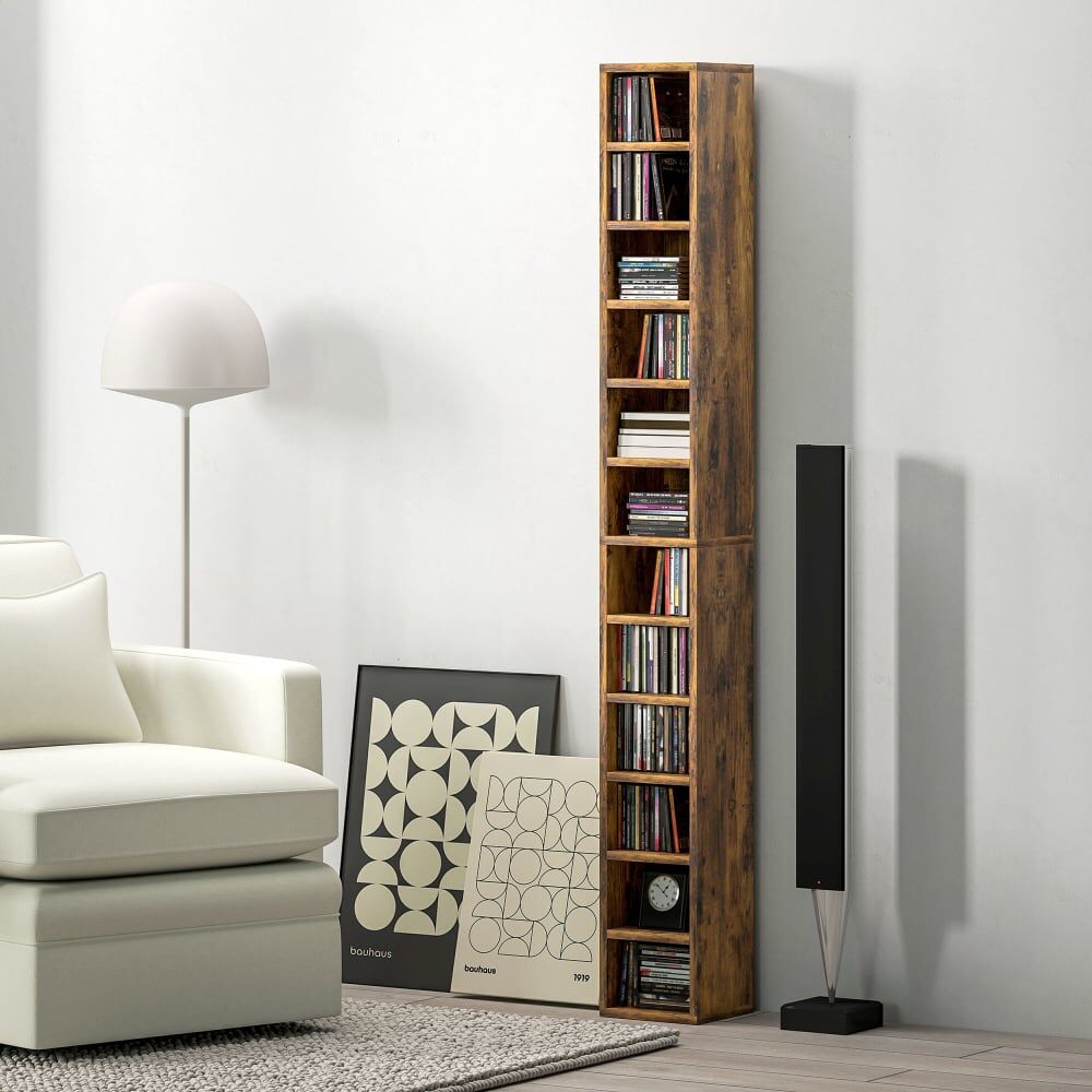 Homcom Rangements pour cd et dvd 12 compartiments brun rustique Marron 21x175x20cm