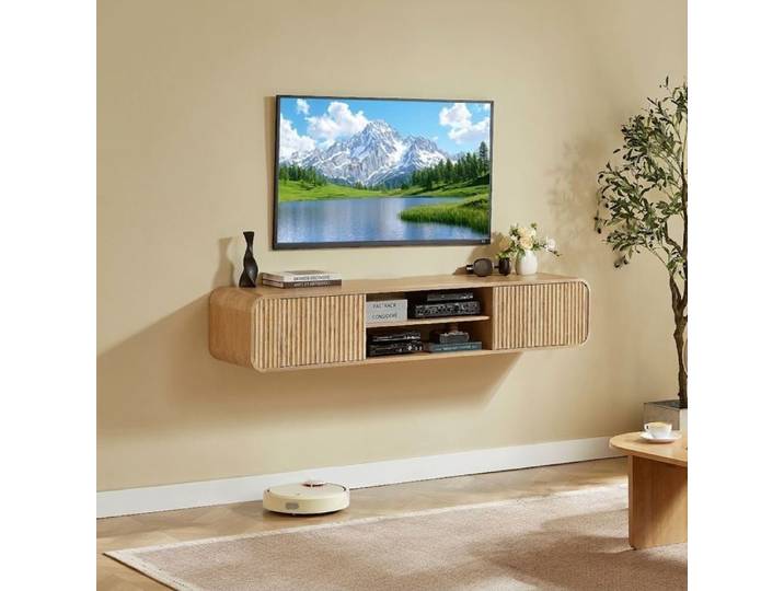 Norevia Meuble TV Mural 160 cm Bois Naturel Banc TV Suspendu avec Rangements Ouverts et Bords Arrondis