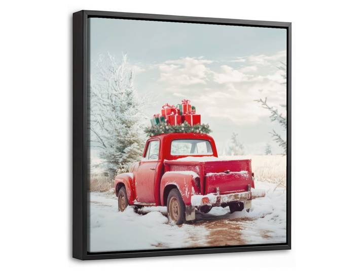 LEINWAND Bilder mit Rahmen - Auto - Rot - Geschenke - Winter - Schnee - Weihnachten - 20x20