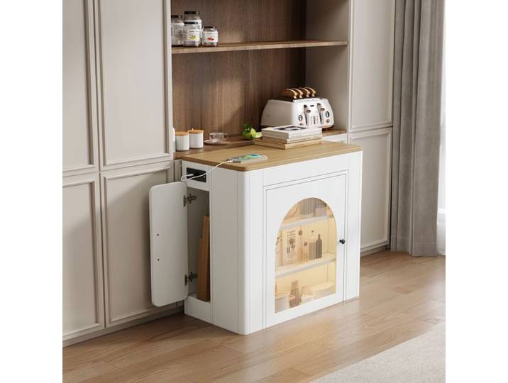 Table de bar avec table à rallonge rangements éclairage LED prises électriques desserte de service îlot de cuisine blanc