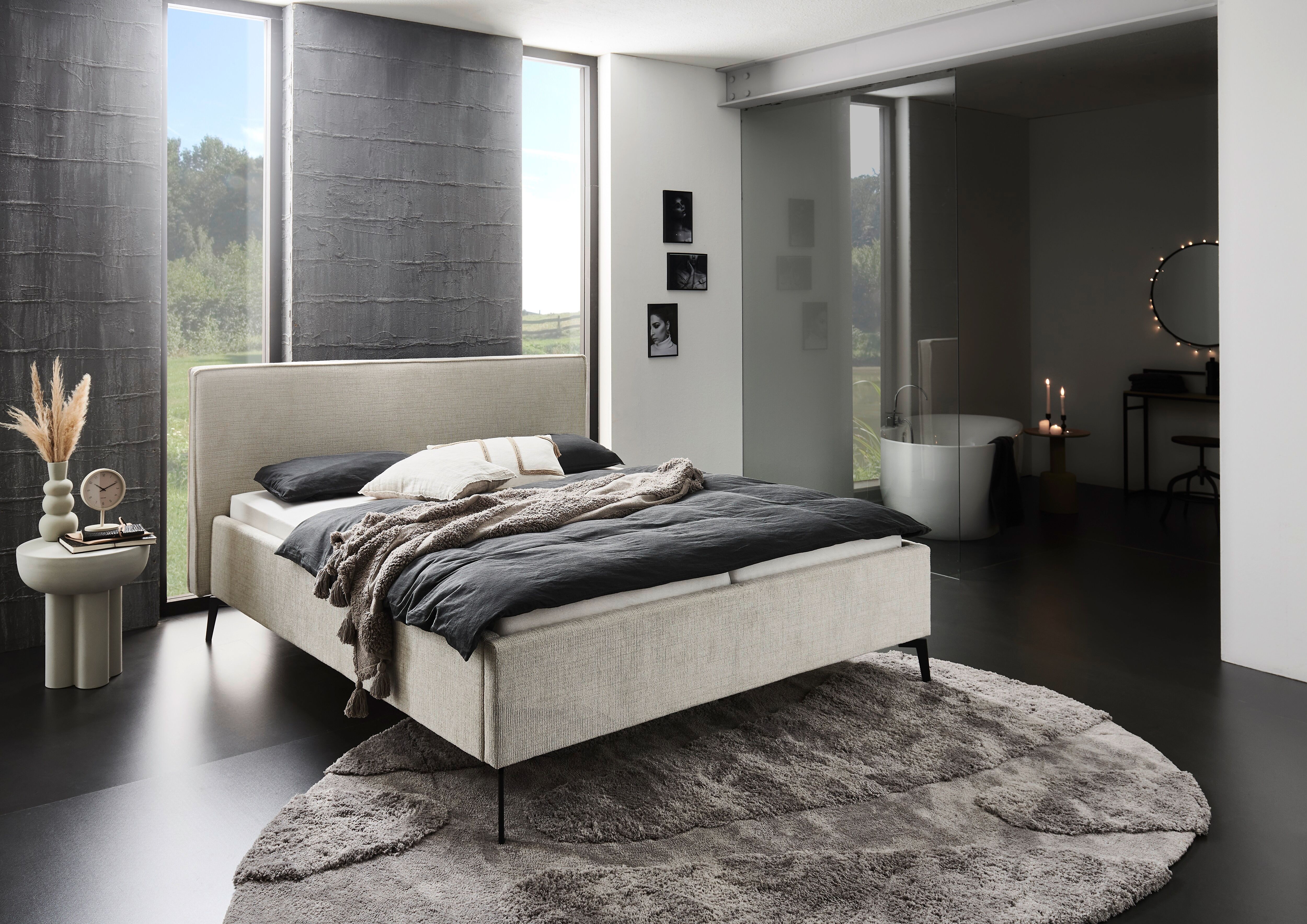 Polsterbett MEISE.MÖBEL "Riva II", beige (greige, greige), B:185cm L:216cm, Betten, Polsterbett, mit schwarzen Metallfüssen, wahlweise mit Bettkasten greige, greige Liegefläche Länge B: 200cm x 160cm, Strukturstoff inkl. Bettkasten & Federholz-Lattenrahme