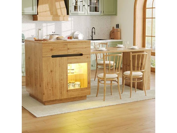 Table de bar extensible Îlot de cuisine avec meuble de cuisine multifonctionnel avec éclairage LED tiroirs et portes vitrées