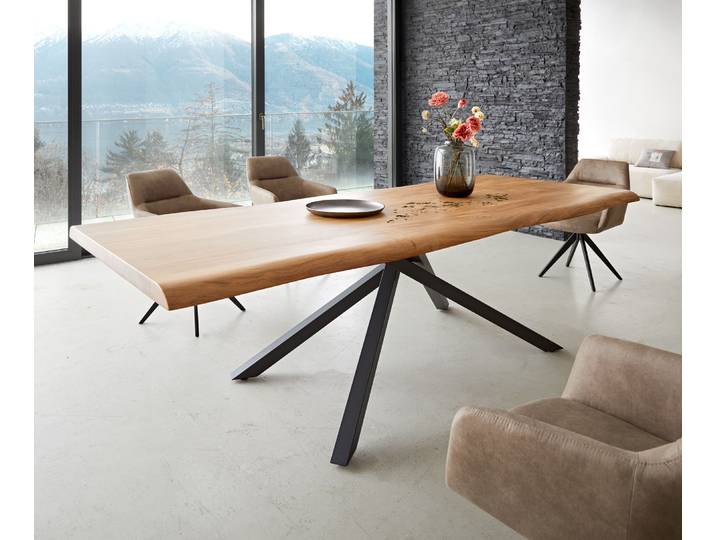 Esstisch Edge 260x100 XL Akazie Natur Kreuzgestell Rechteck Schwarz Live-Edge, Esstische, Baumkantenmöbel, Massivholzmöbel, Massivholz