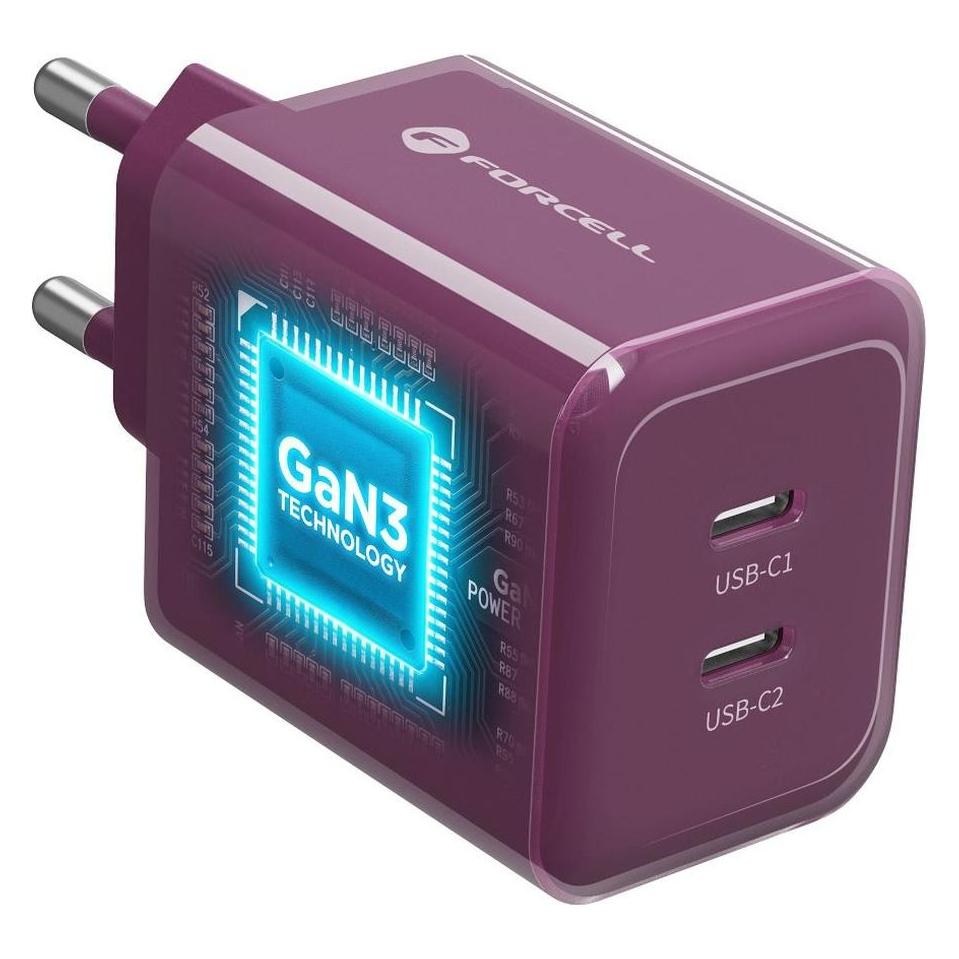 Forcell Ładowarka sieciowa F-Energy GaN III VT-60 60W PD QC 4.0+ 2x USB-C burgundowa + kabel USB-C (60 W, 2 Ports) (VT-60 burgundowa)