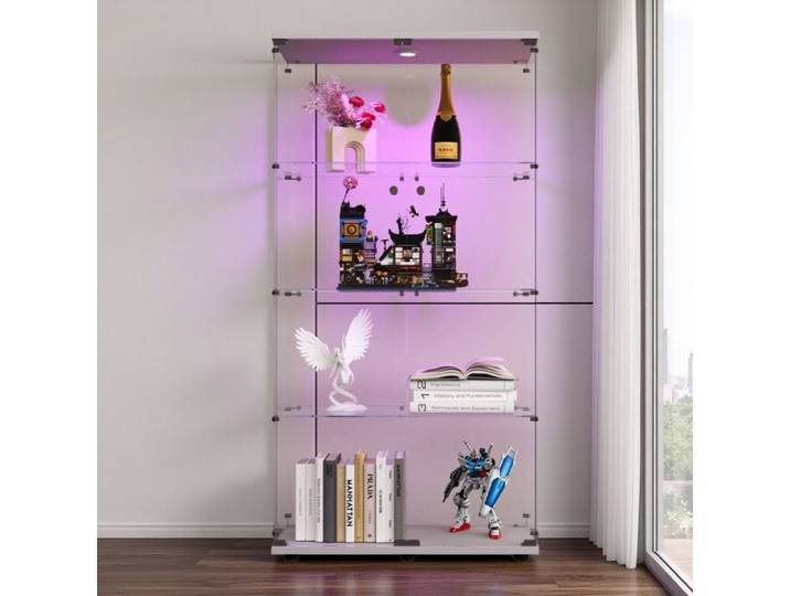 Vitrine en Verre avec LED Armoire Vitrine Pour Collection avec 2 Porte 4 étagères Transparent Meuble Vitrine Verre pour Salon Blanc