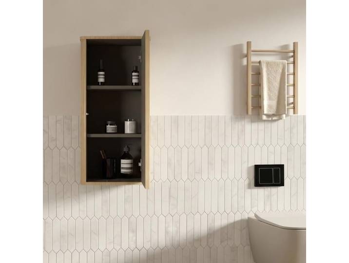 WOVREO Armoire murale de salle de bain chêne colonne suspendue 1 porte design rainuré 3 étagères intérieures
