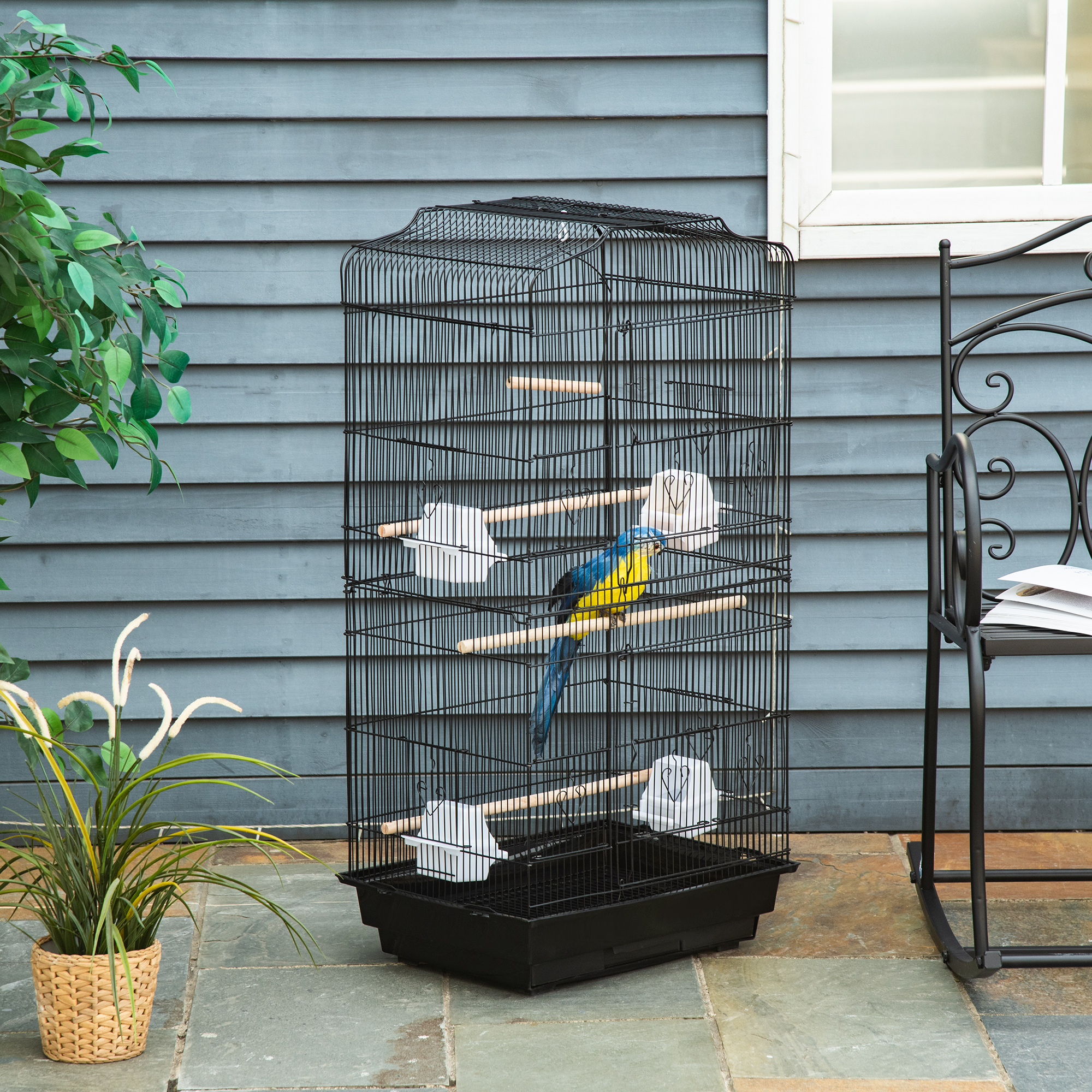 Pawhut Gabbia per Uccelli in Metallo e Plastica con Trespoli, Altalena e Ciotole, 46.5x35.5x92 cm, Nero Aosom