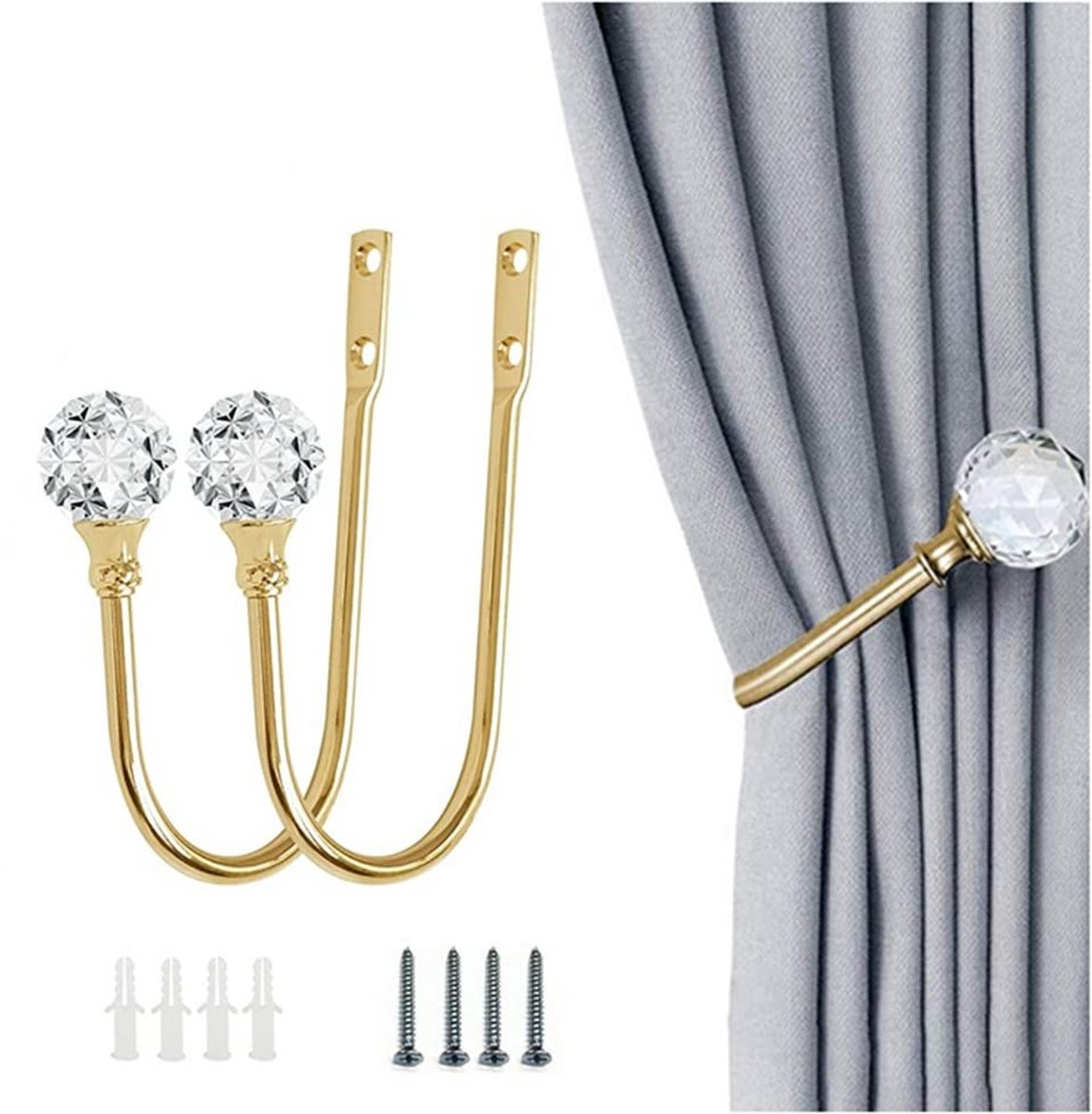 Dailygoods Gordijnhouder 2 stuks - Wandgemonteerde metalen gordijnhaken met kristallen bol