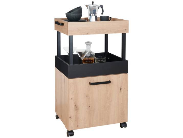 Servierwagen, Schwarz, Eichefarben, Holzwerkstoff, rechteckig, 50x88x41 cm, Esszimmer, Barmöbel, Barwagen
