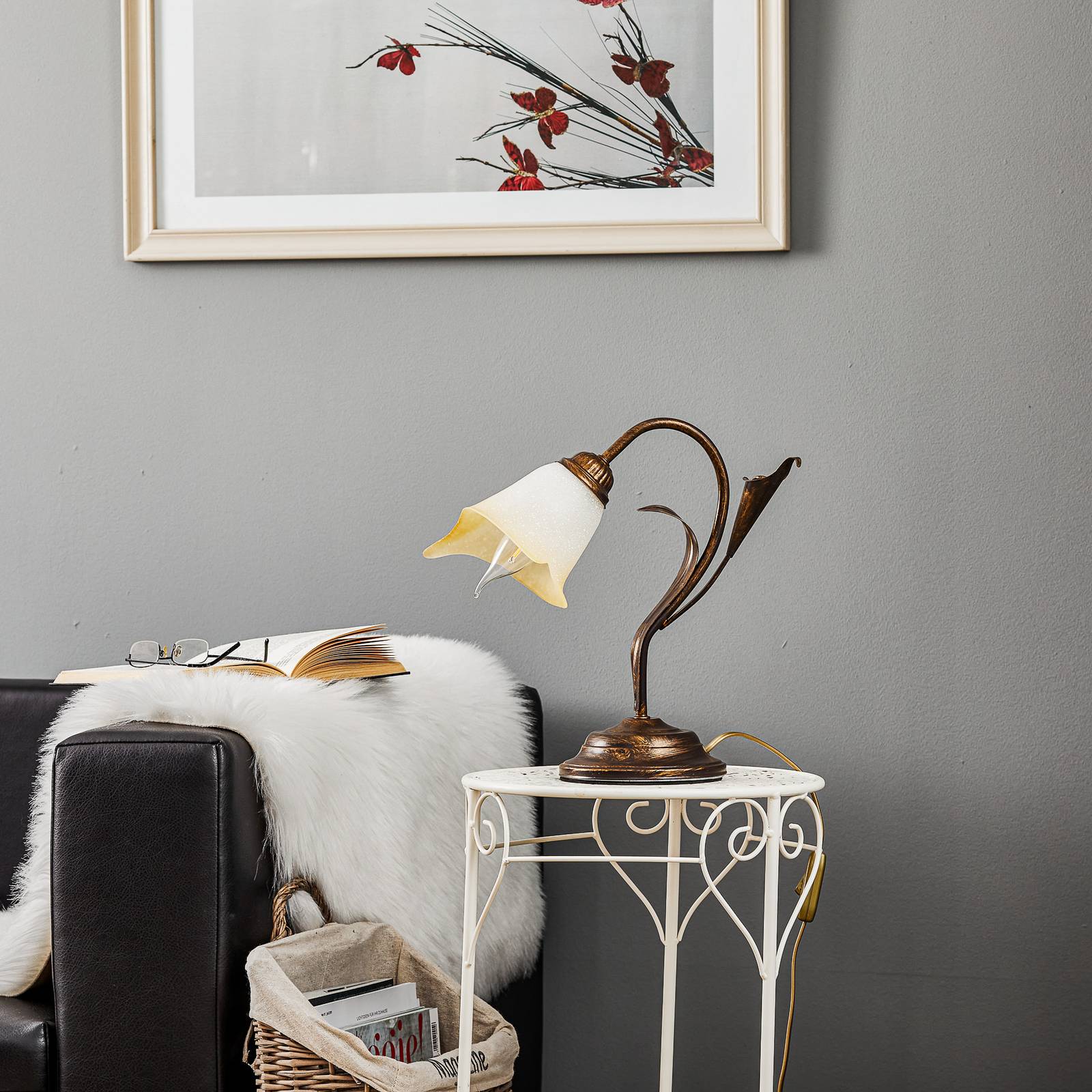 Tischleuchte Lucrezia in Bronze mit Blütenschirm ONLI, bronze / altmessing, für Wohn- / Esszimmer, Glas, Landhaus / Rustikal, Tischlampe