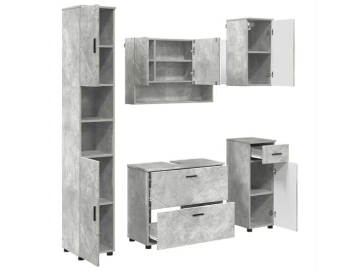 POUFGDR Badezimmermöbel-Set, 5-teilig, Betongrau Holzwerkstoff, Füße aus Metall, integrierter Spiegel, vertikale Aufbewahrung, Schrank unter der Spüle