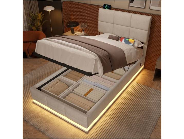 HOMVRA Lit Simple 90x200 cm Lit Coffre avec USB et LED Sommier à Lattes Velours Beige (Sans Matelas)