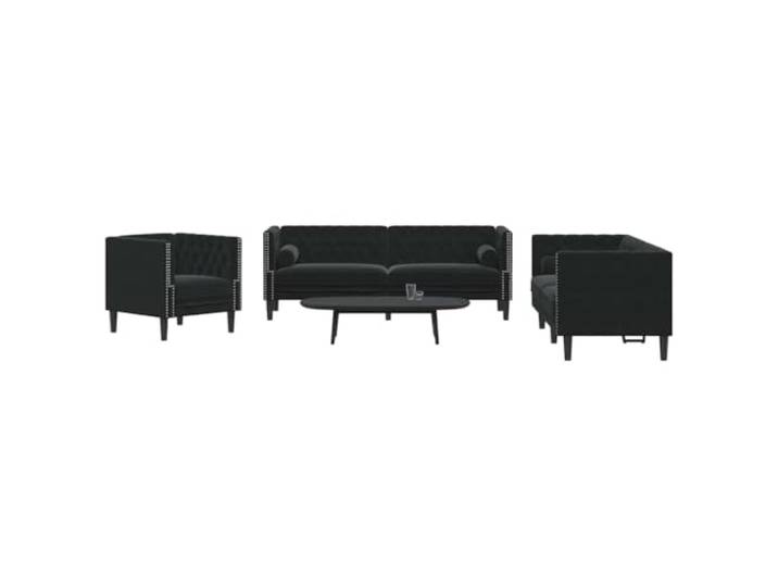 HEFZGDB 3-TLG. Chesterfield Sofa Set mit Nackenrollen Schwarz Samt, Weiches Velours Material für Wohnzimmer, Bequeme Polsterung und Stabile Konstruktion, Elegantes Design
