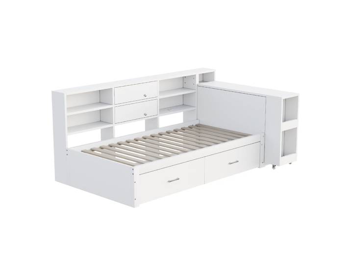 Lit multifonction blanc avec tiroirs, étagères et bureau