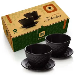 Bonvivre® Teetassen + Untersetzer aus emailliertem Gusseisen - 2er Set | Asiatische Teebecher mit Untertassen - Füllmenge je 100 ml