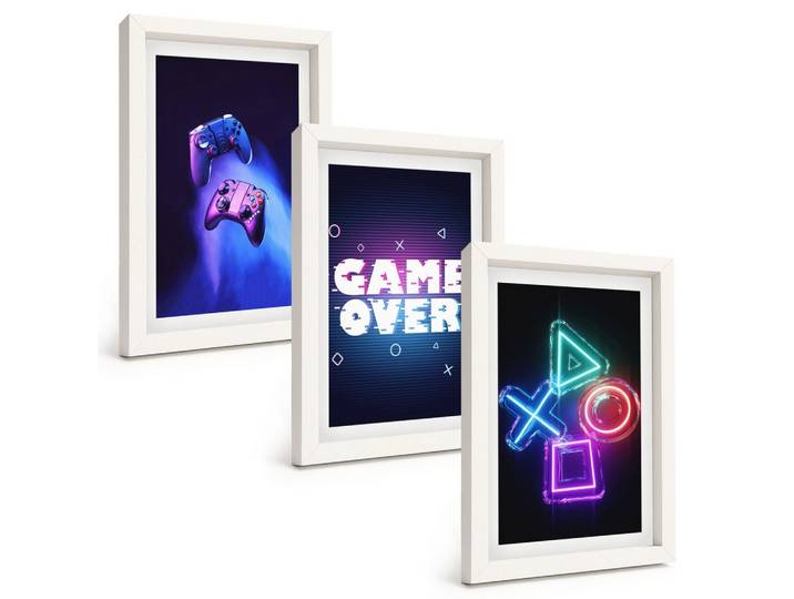 BILDER SET 3er Set - 20x30 cm Weißer Rahmen - Game Over Gamepads