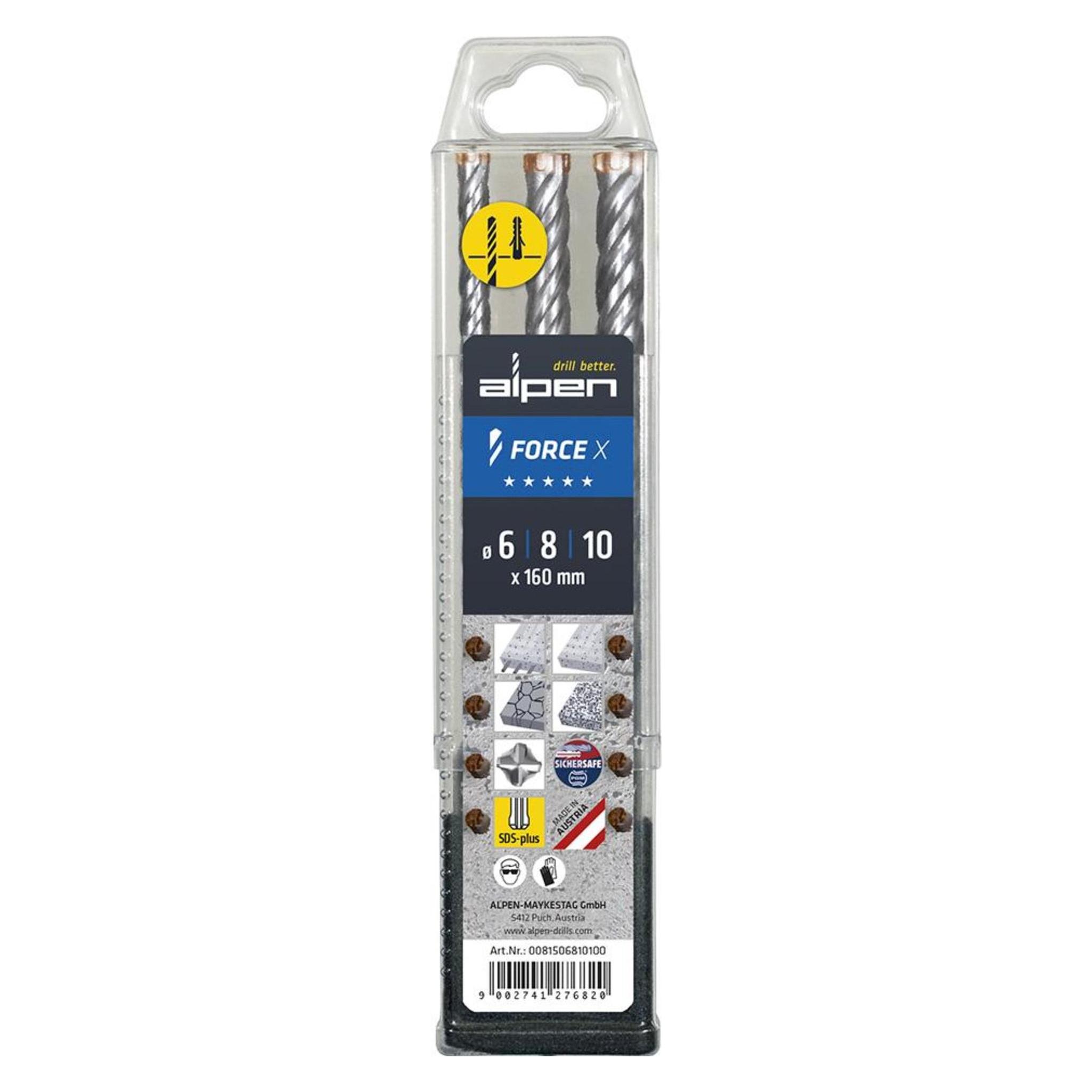 Alpen Hammerbohrersatz Force X 3-teilig SDS-plus Kunststoffbox (10 Millimeter, 6 Millimeter, 8 Millimeter) (0081506810100)