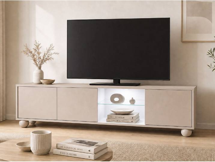 TV-Board mit 3 Türen, 2 Ablagen und LED-Beleuchtung - Beige MYVARO
