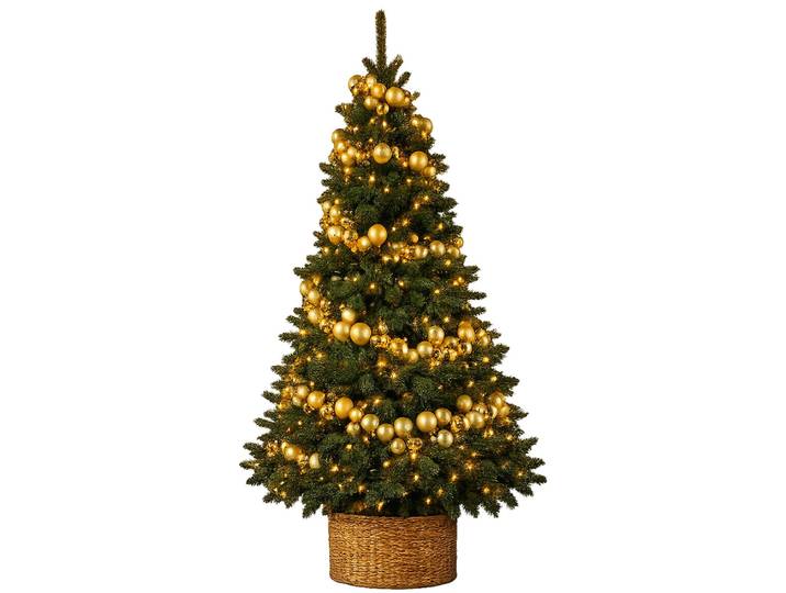 Künstlicher Weihnachtsbaum 180 cm – KÖNIGSGOLD II, geschmückt mit 240-teiligem Weihnachtsbaumschmuck, inkl. Ständer