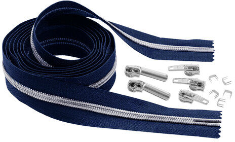 buttinette Endlosreißverschluss im Set, mit silberfarbiger Spirale 6,5 mm, 2 m, marine