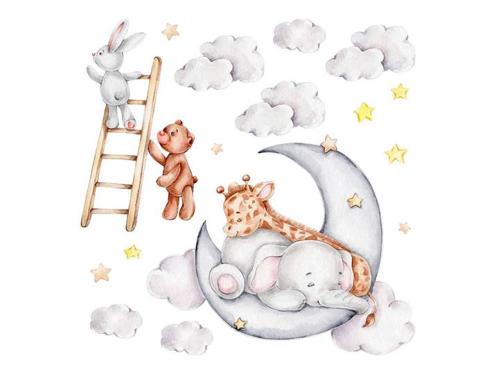 Wallfluent Wandaufkleber 130x177cm - Mond, Wolken, Sterne, Mehrfarbig, Kunststoff, Rechteckig, 130x177x0.1 cm, Tapeten & Wandverkleidungen, Wandtattoos & Sticker, Wandtattoos