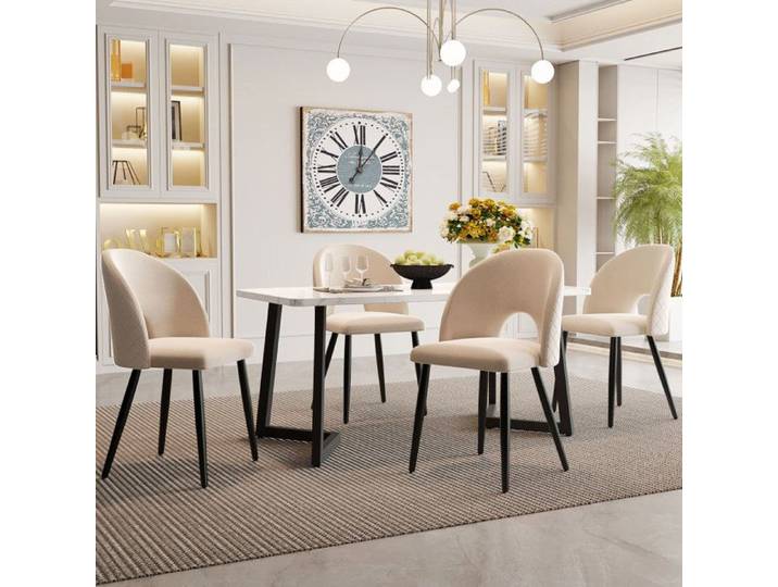Table À Manger Avec 4 Chaises Velours Beige Ensemble De Table De Cuisine Moderne Pieds De Chaise Réglables Pieds De Table Noir