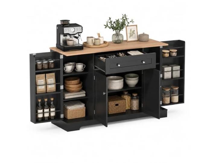 FurnitureR Sideboard Buffetschrank 138 x 40 x 85 cm, Schwarz mit Heller Holzoptik, Anrichte mit Holzplatte, 1 Schublade, 4 Türen, Türablagen mit Reling für Esszimmer Küche Wohnzimmer