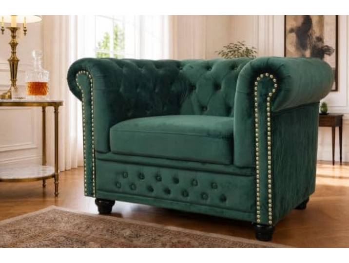 Sessel CHESTERFIELD - 110cm - flaschengrün - Samt Federkern-Polsterung Armlehne, Rundumbezug, Knopfheftung, Nietenbesatz, Ziersteppung, hoher Komfort, pflegeleicht, langlebig