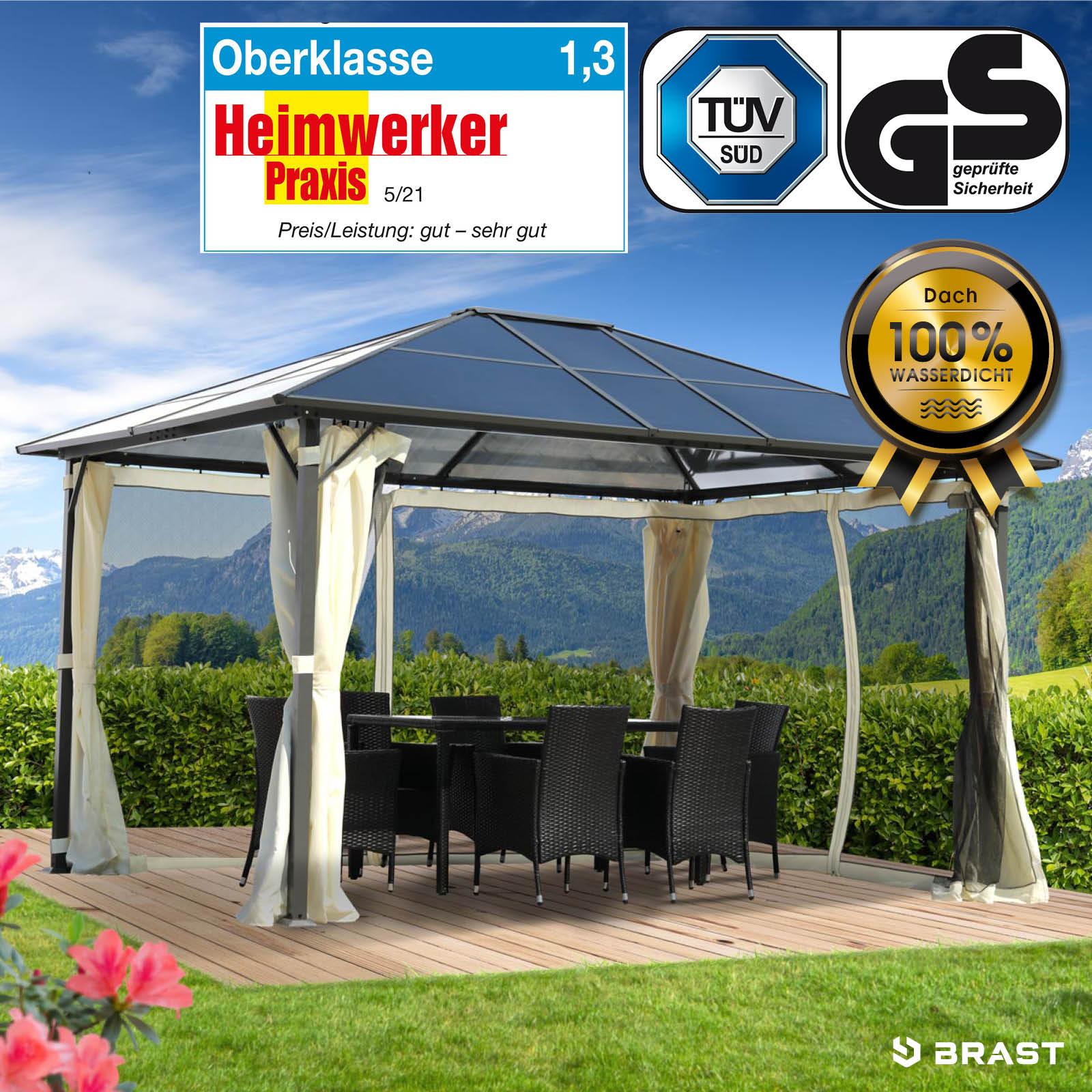 BRAST Alu Pavillon Premium | viele Modelle & Farben | Größen 3x3m 3x4m 3,6x4,8m | inkl. Moskitonetz | wasserdicht | UV-Schutz | festes Dach | 3x4m Beige