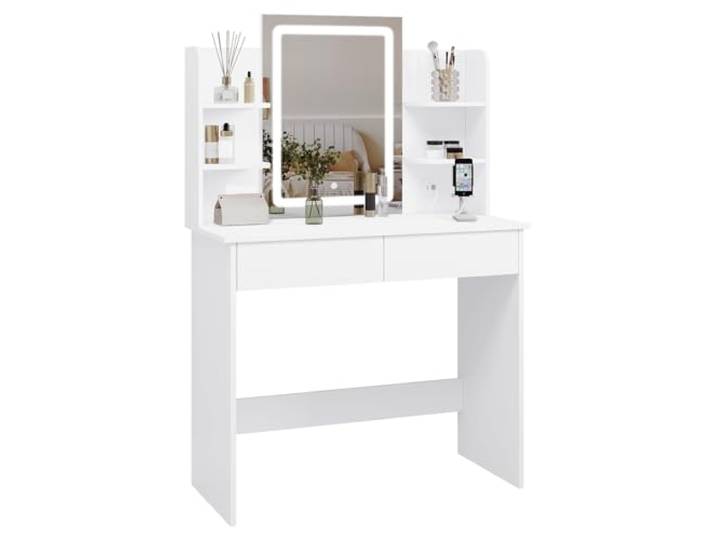 WOLTU Schminktisch mit Spiegel, Beleuchtung, Frisiertisch mit 2 USB-Ports Helligkeit Einstellbar, 2 Schubladen, 4 offene Ablagen, Kleiner Schminktisch fürs Schlafzimmer, 90 x 40 cm, Weiß
