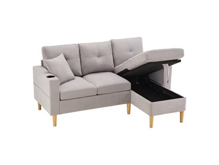 BTM L-Form Modernes Sofa 3-Sitzer-Sofa mit Chaiselongue Ecksofa Klein mit Stauraum Getränkehalter Corner Sofa für Wohnzimmer Hellelgrau