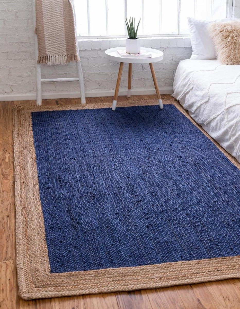 Handgevlochten Jute Vloerkleed Blauw Beige - Vierkant - Boho Stijl