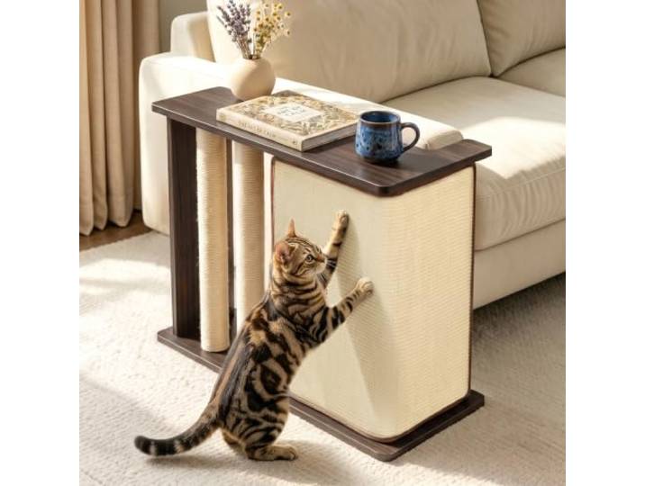 Kepism Kratzschutz Sofa Katze, 2-in-1 Beistelltisch & Kratzbrett, robuster Holzrahmen mit Sisal-Kratzsäule, 180° drehbar für Links/rechts, Schwarznuss, 59 cm Höhe