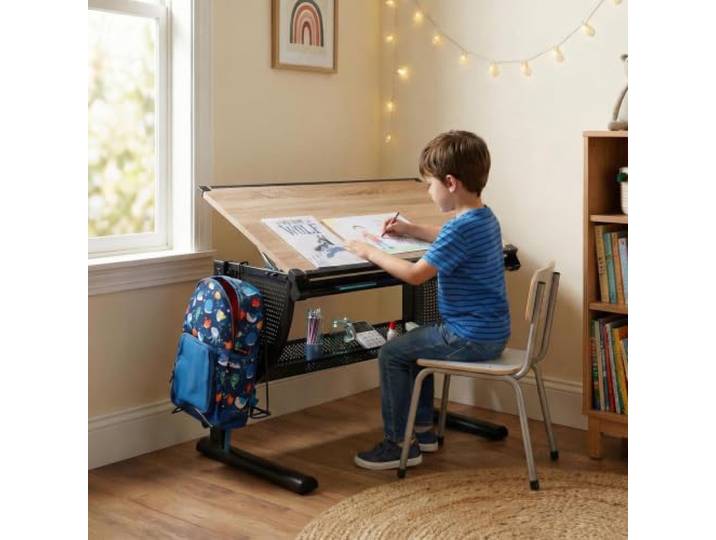 CARO-Möbel Kinderschreibtisch Sari höhenverstellbar in Sonoma Eiche/schwarz, Schreibtisch für Kinder neigbar mit Rille für Stifte, Schülerschreibtisch mit Ablage und Rucksackhalterung