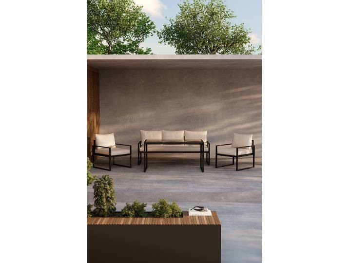 Gartenlounge-Set VENTURE HOME Catania, grosszügiges Outdoor-Set für hohen Sitzkomfort , beige (beige, schwarz, beige, schwarz), B:179cm H:67cm T:135cm, Glas, Polyester, Stahl, Sitzmöbel-Sets, Gartenlounge-Set, Loungemöbel mit Stoffbezug, angenehm, weich